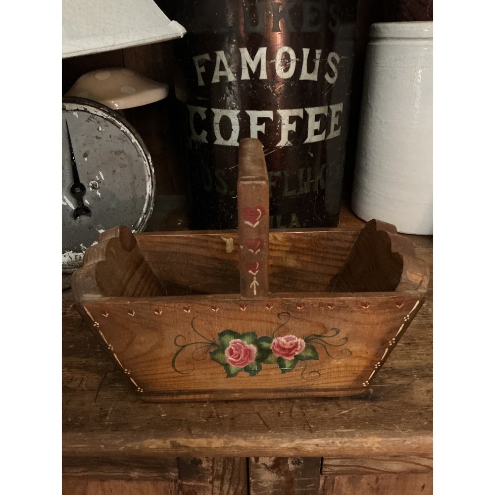 Woodcutters Cottage Hand Painted Wooden Basket Rose Heart Primitive Farmhouse